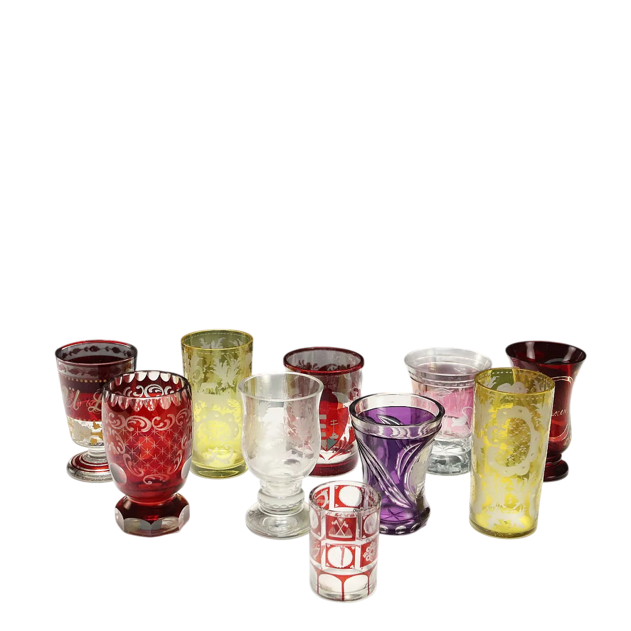 10 Bicchieri in vetro molato, inciso e dipinto, '900 8