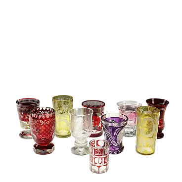 10 Glass glasses ground, engraved and painted, 20th century