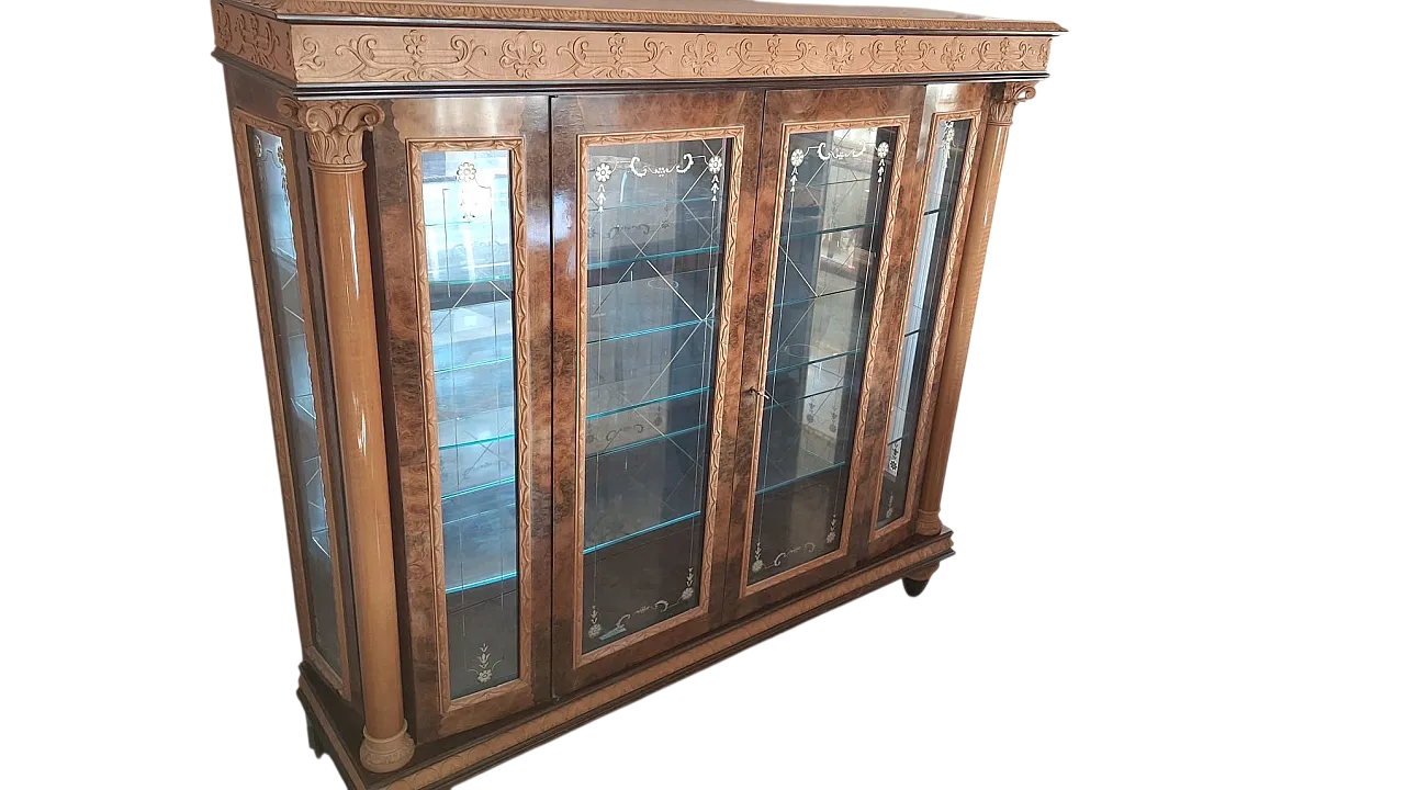 Showcase in carved wood and cut glass in eclectic style, 50s 4