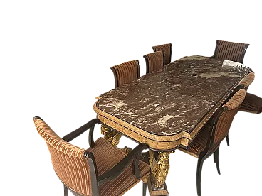 Set with shaped table carved in eclectic style with 8 chairs, 50s