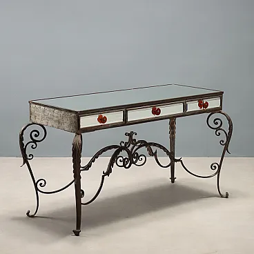 Iron console table with 3 drawers and a beveled mirror, 20th century