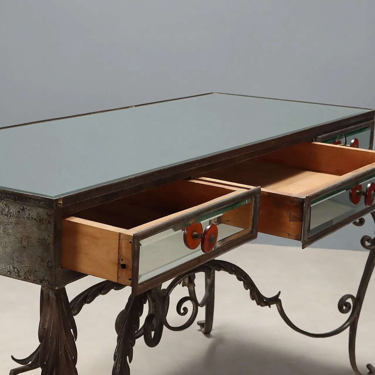 Iron console table with 3 drawers and a beveled mirror, 20th century 4