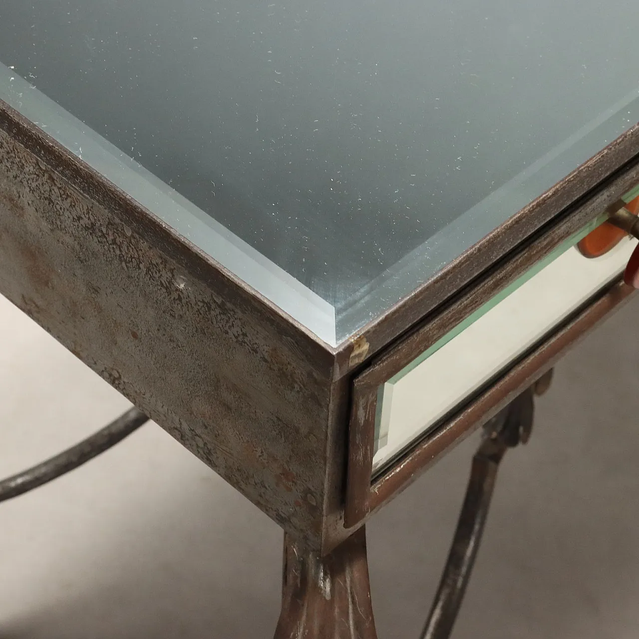 Iron console table with 3 drawers and a beveled mirror, 20th century 6