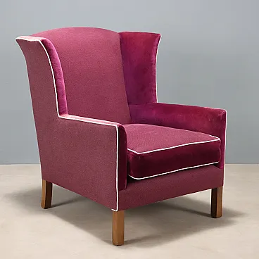 Bergere armchair in velvet, fabric and walnut-dyed beech, 20th century