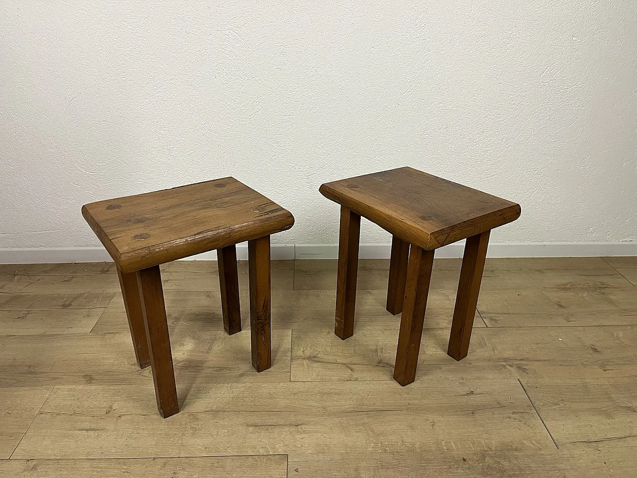 Pair of rustic oak stools, 1970s 1