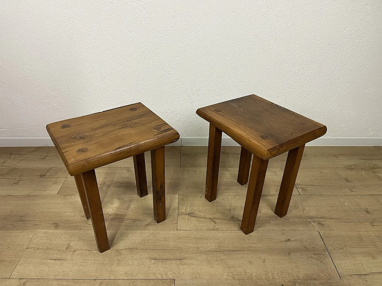 Pair of rustic oak stools, 1970s 2