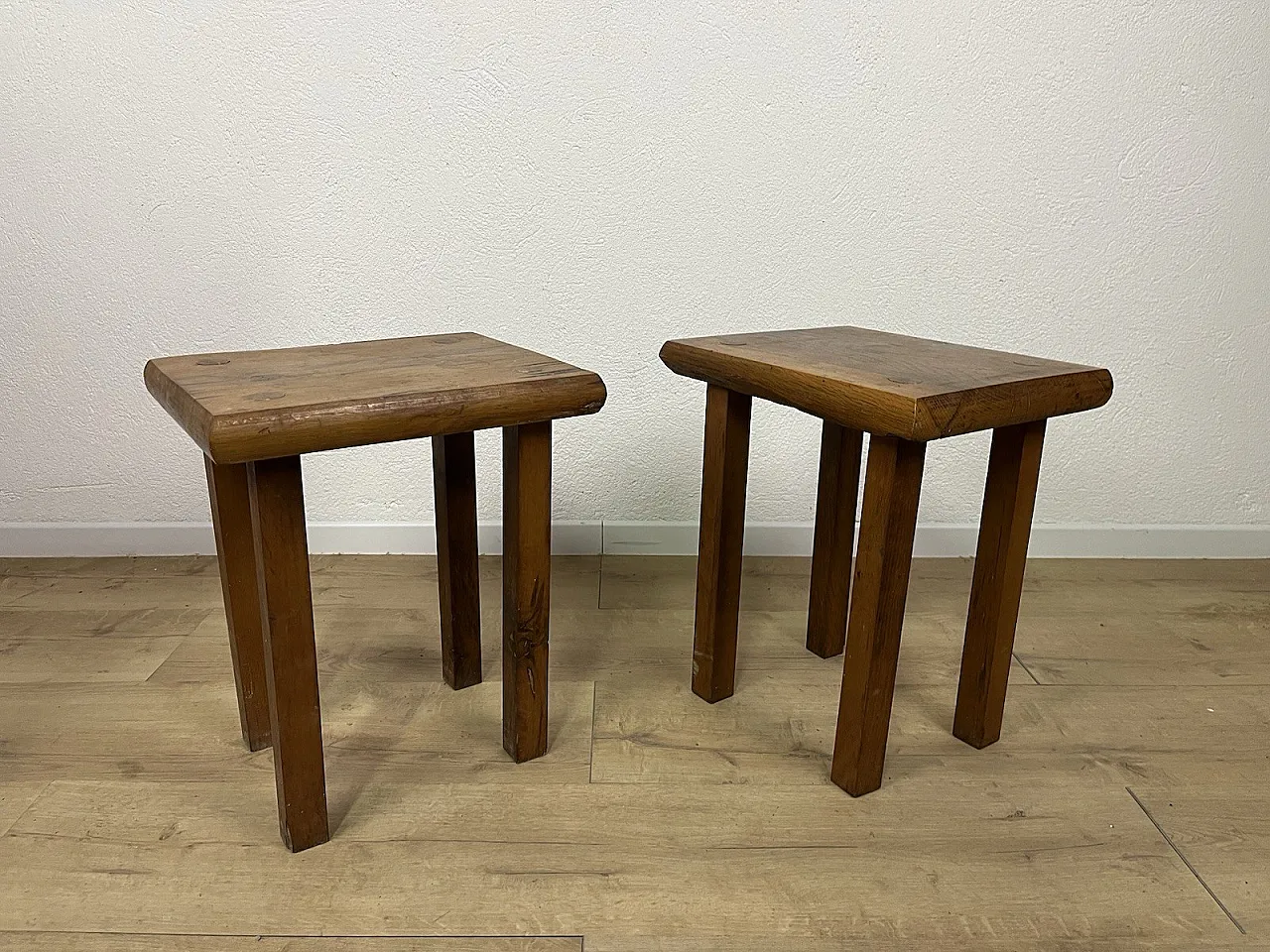 Pair of rustic oak stools, 1970s 3