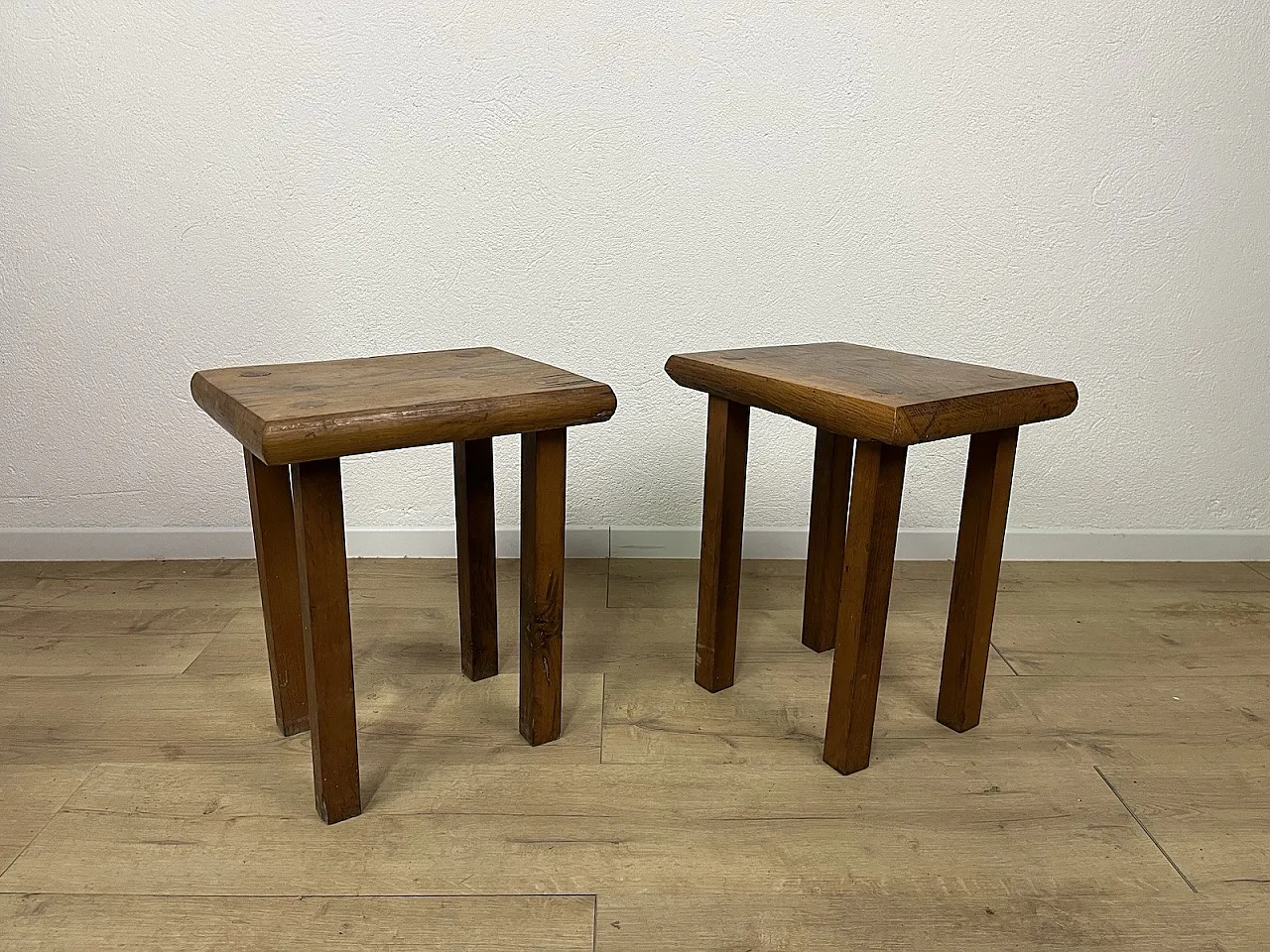Pair of rustic oak stools, 1970s 4