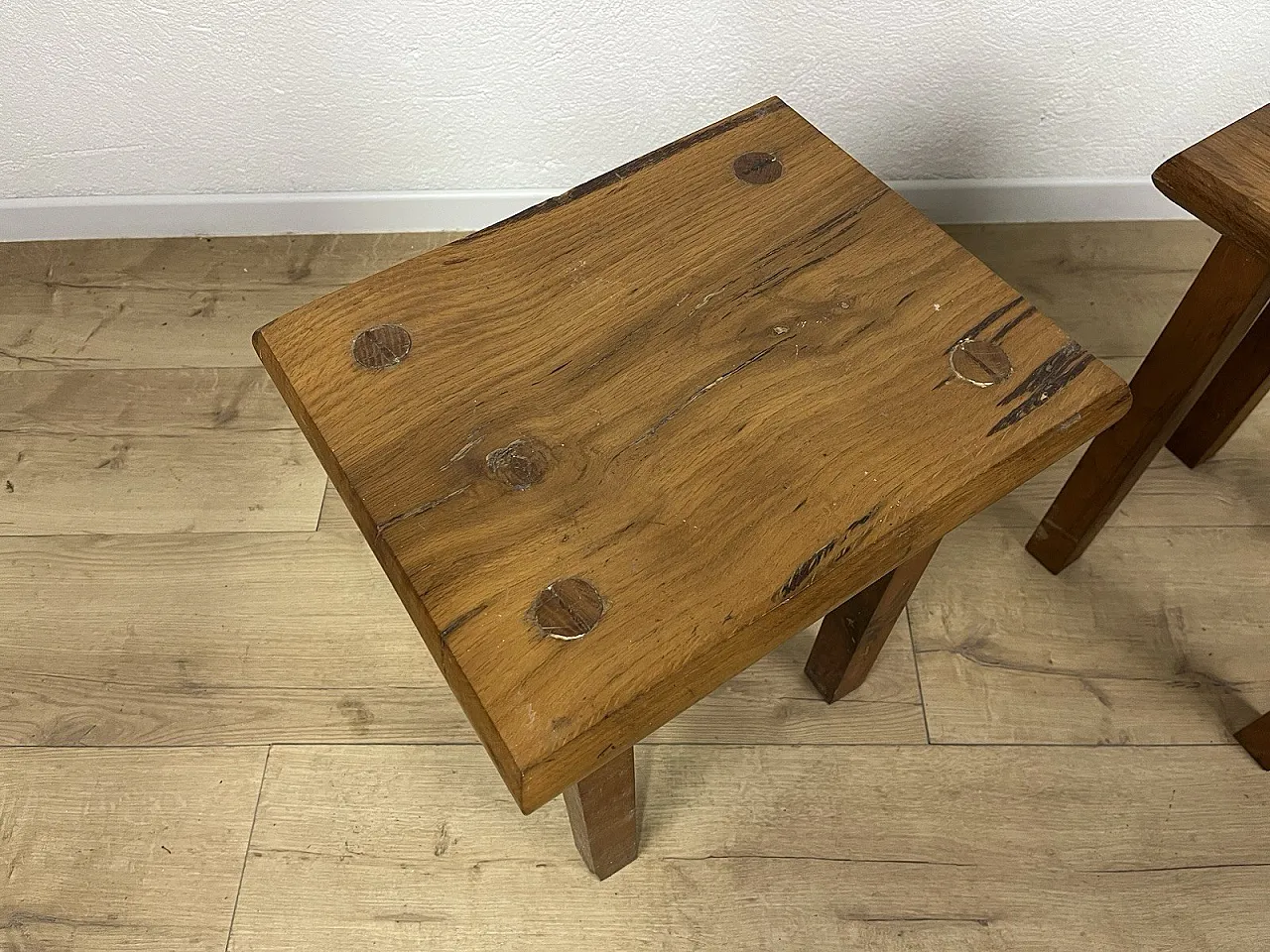 Pair of rustic oak stools, 1970s 5