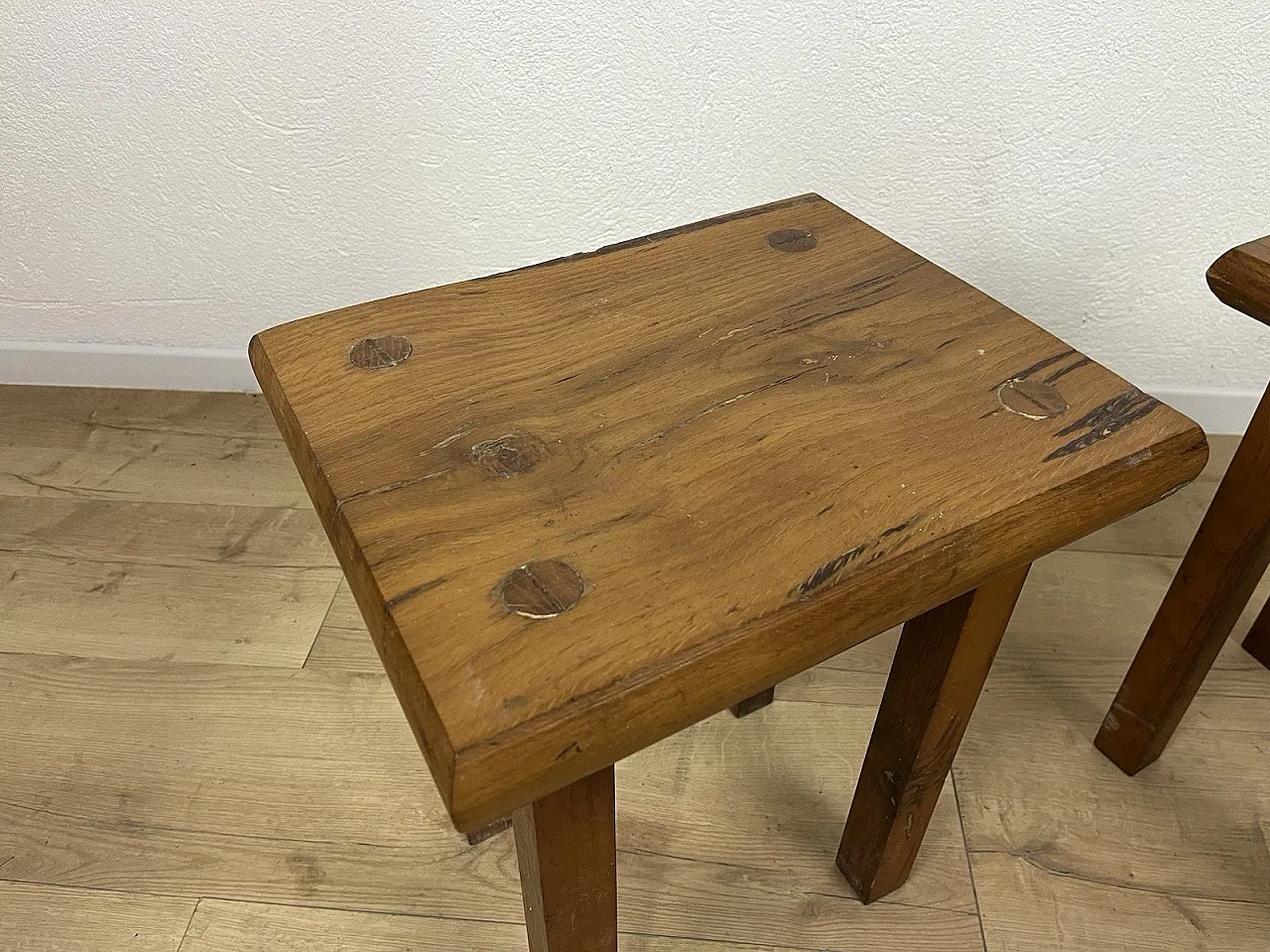Pair of rustic oak stools, 1970s 7