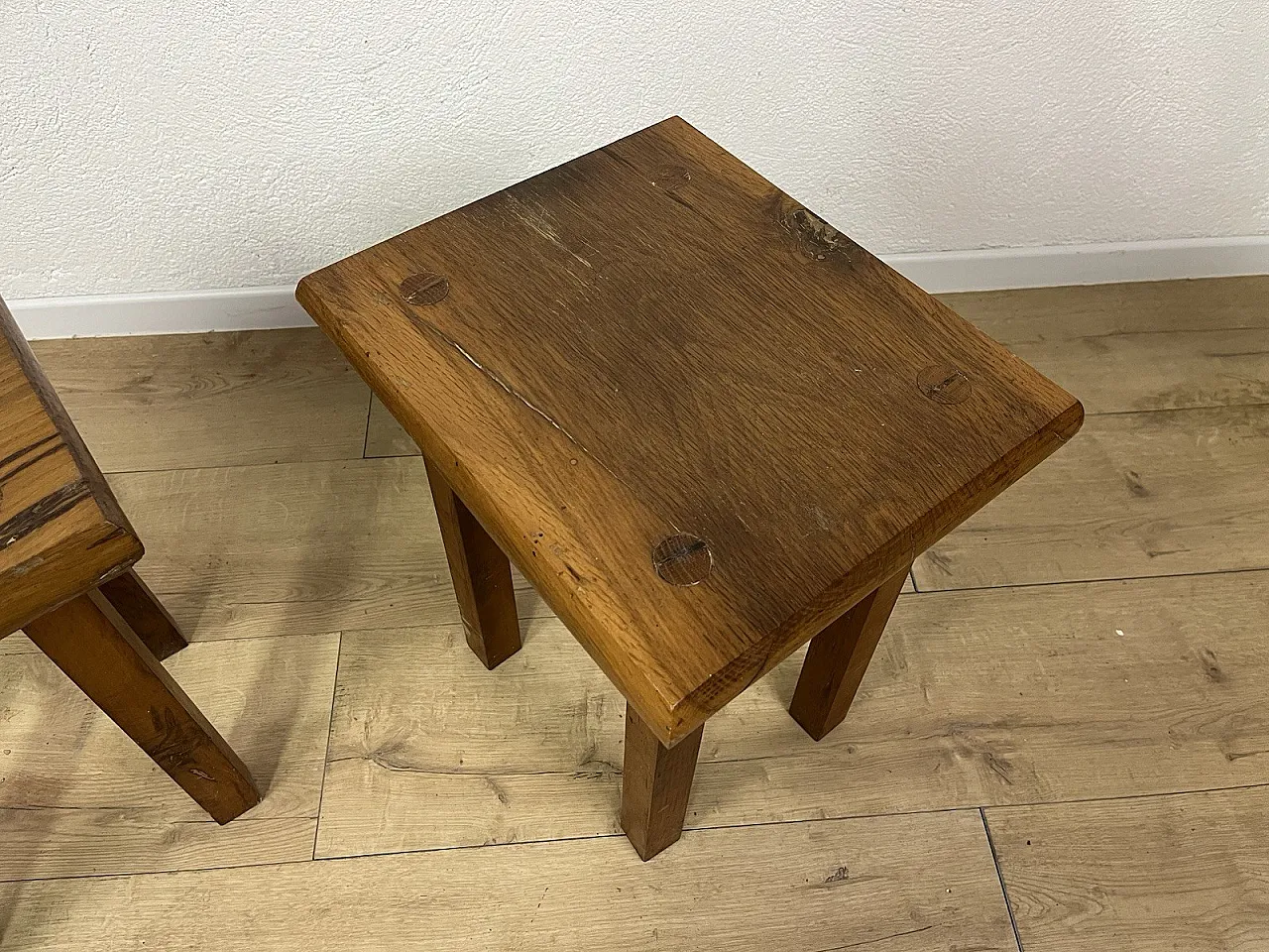 Pair of rustic oak stools, 1970s 8