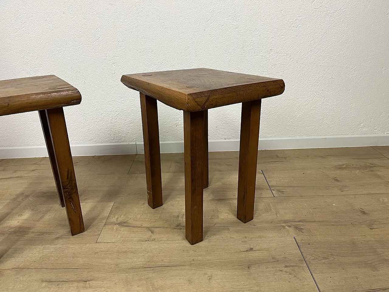 Pair of rustic oak stools, 1970s 10