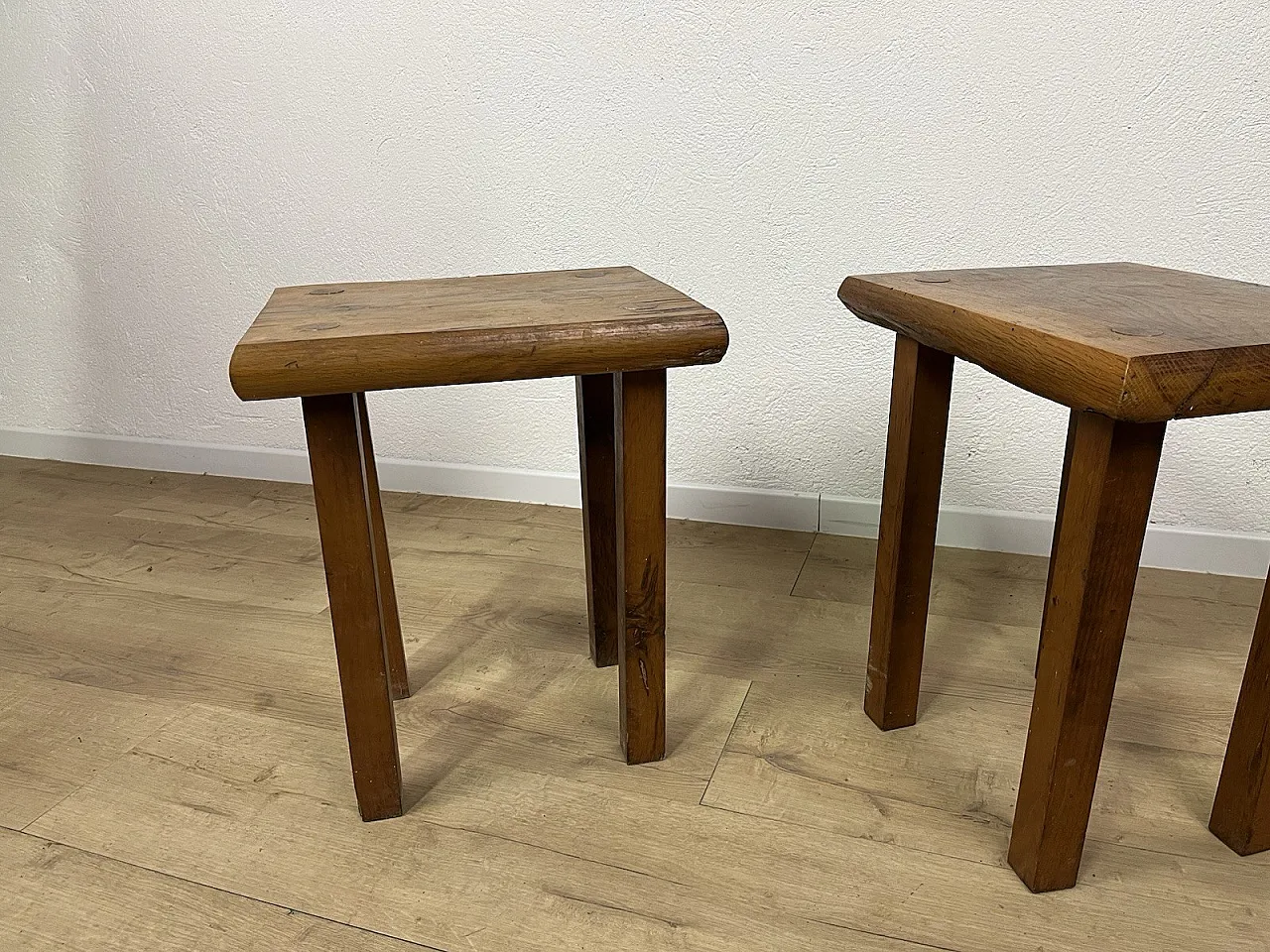 Pair of rustic oak stools, 1970s 11
