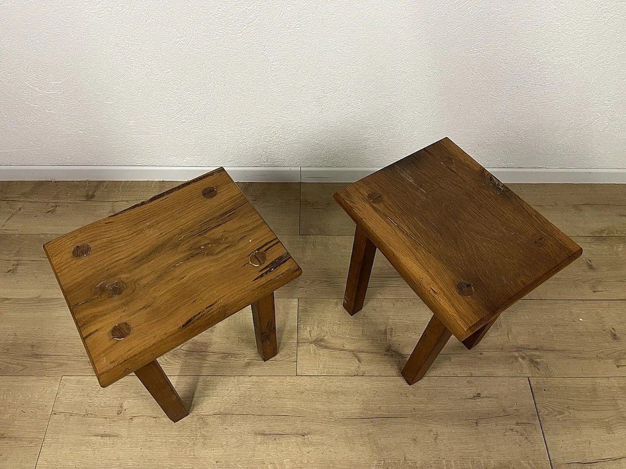 Pair of rustic oak stools, 1970s 15