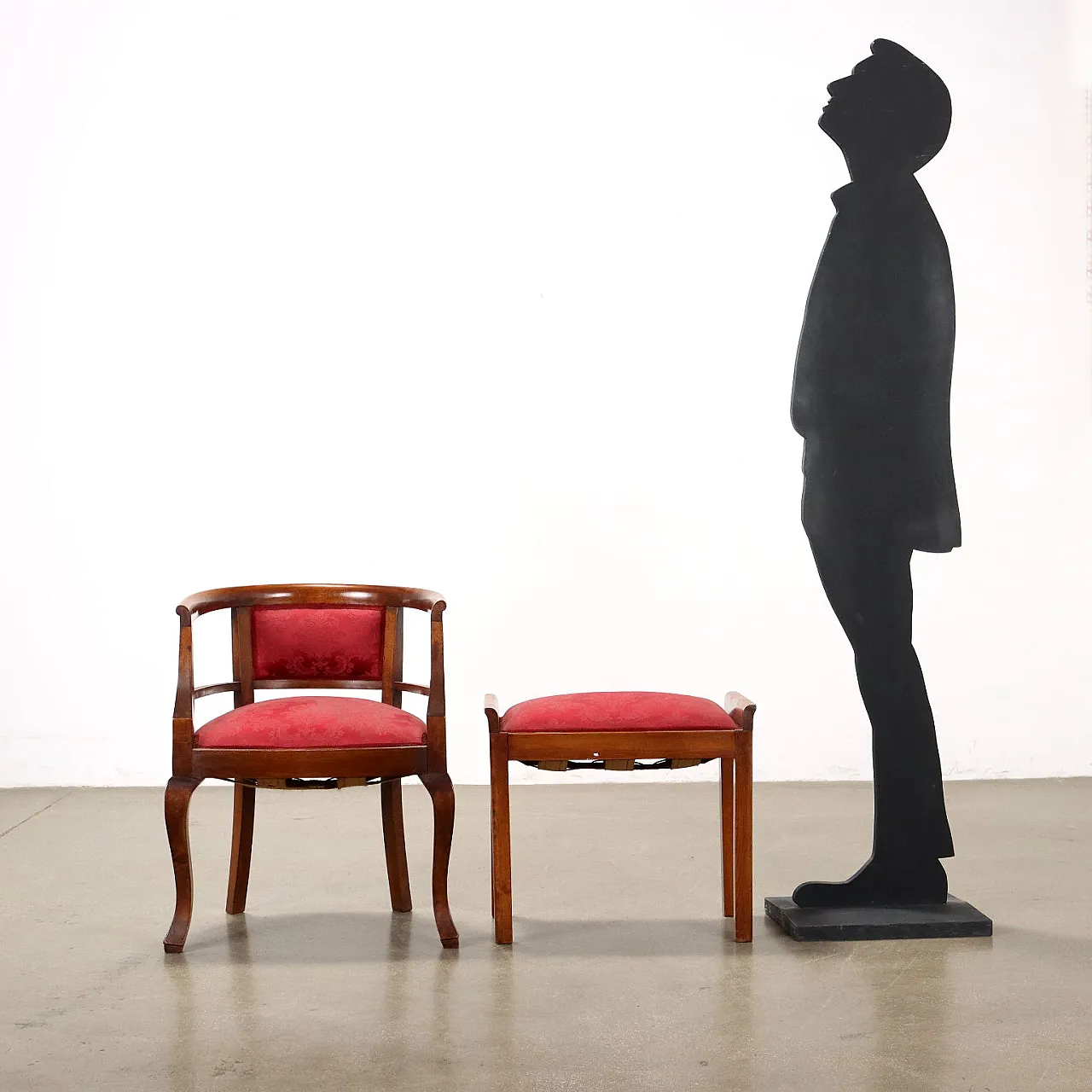 Pair of beech gondola armchairs with ottoman, 19th century 2