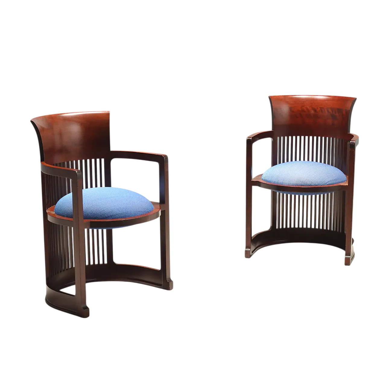 Pair of cherry wood and blue fabric armchairs, 20th century 8