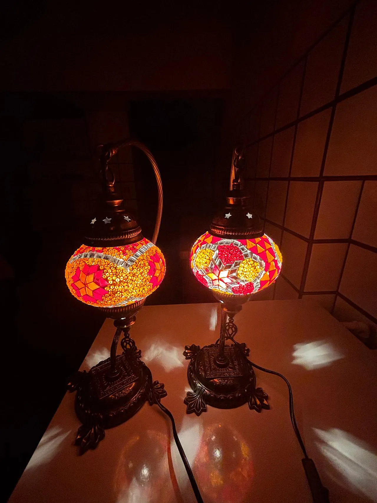 Coppia di lampade a mosaico turco e supporto in bronzo, anni ''90 2