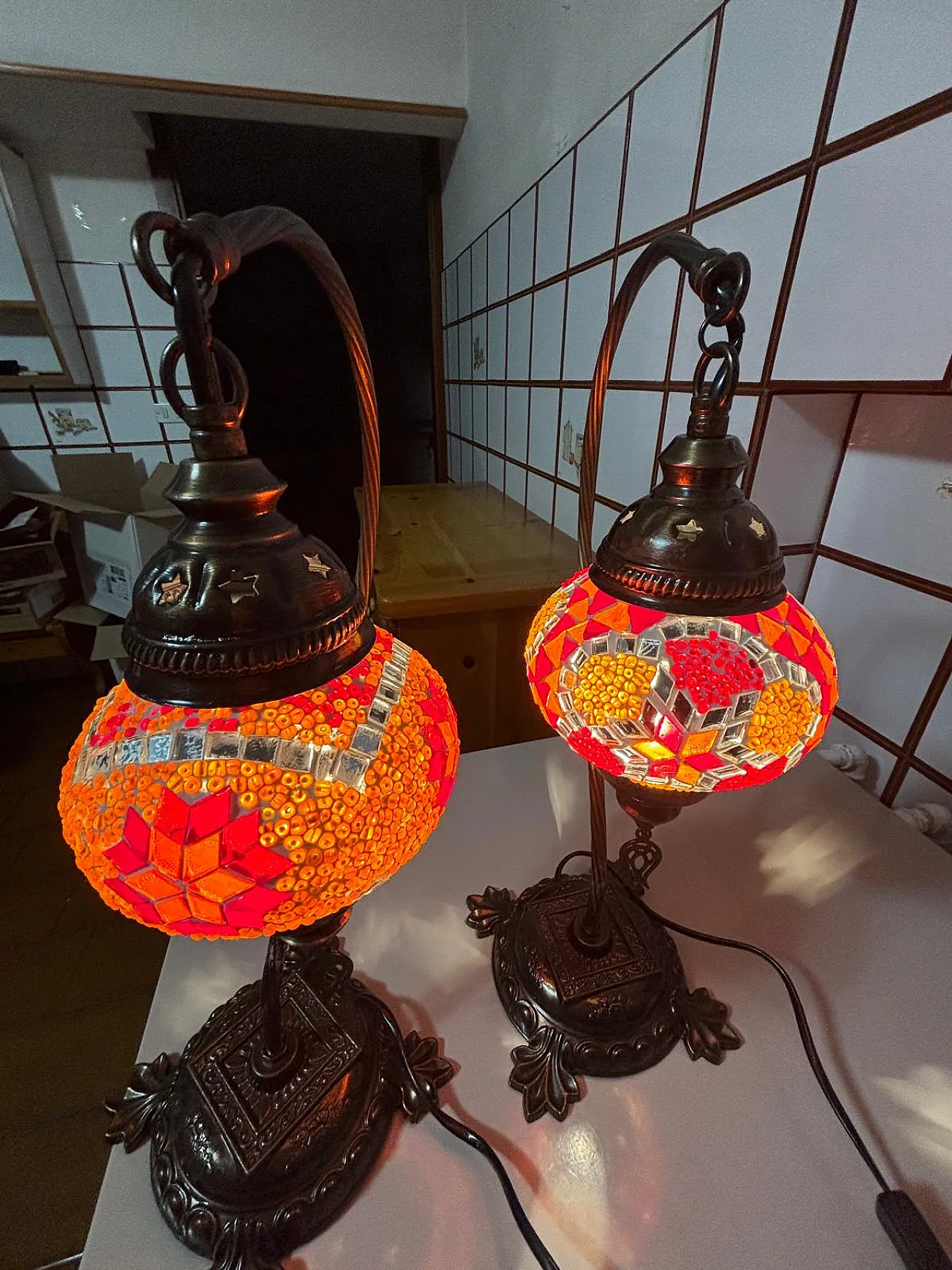 Coppia di lampade a mosaico turco e supporto in bronzo, anni ''90 3