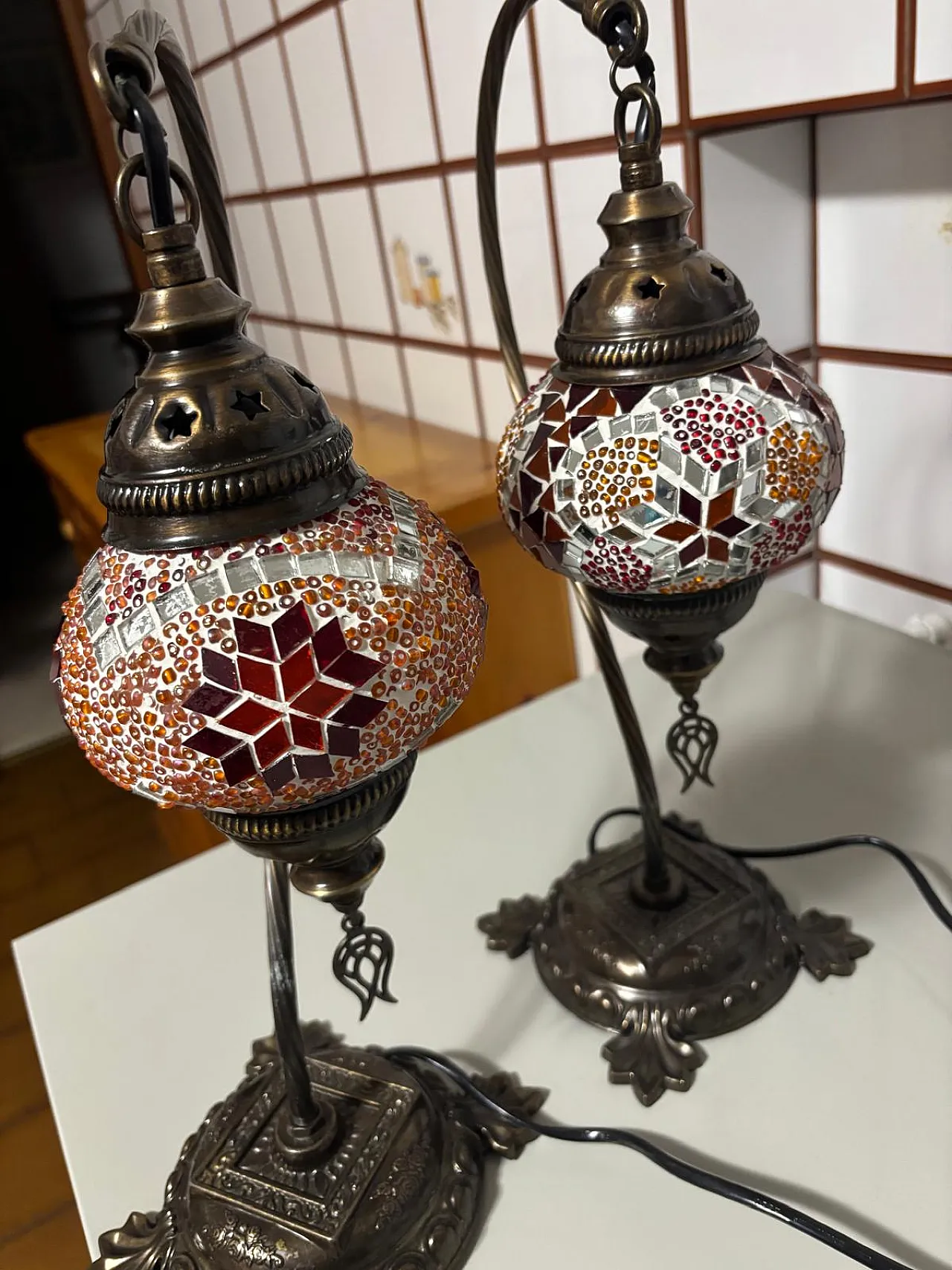 Coppia di lampade a mosaico turco e supporto in bronzo, anni ''90 6