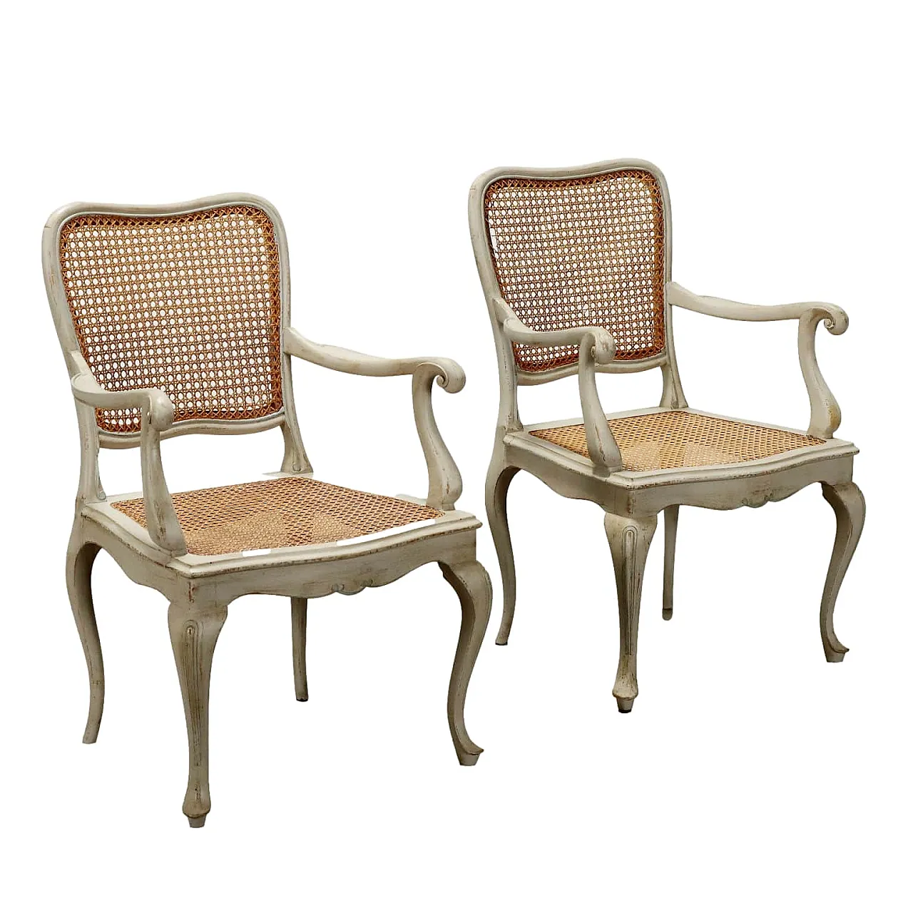 Pair of baroque style armchairs in lacquered wood, 20th century 1
