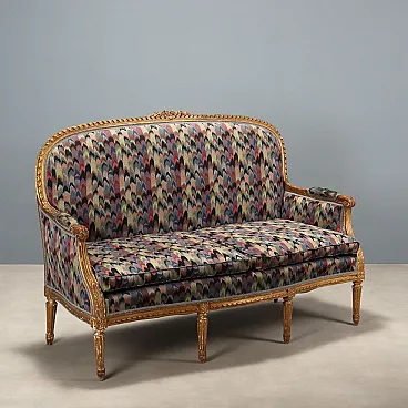 Divano in legno intagliato e dorato e imbottitura, fine '800