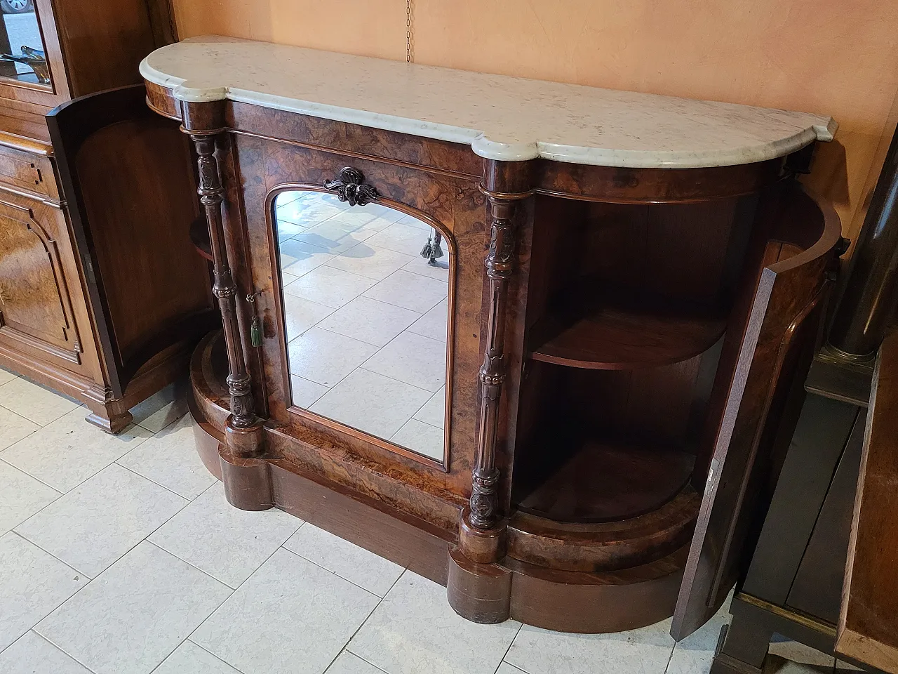 Servante vittoriano in radica con piano in marmo bianco, '800 4