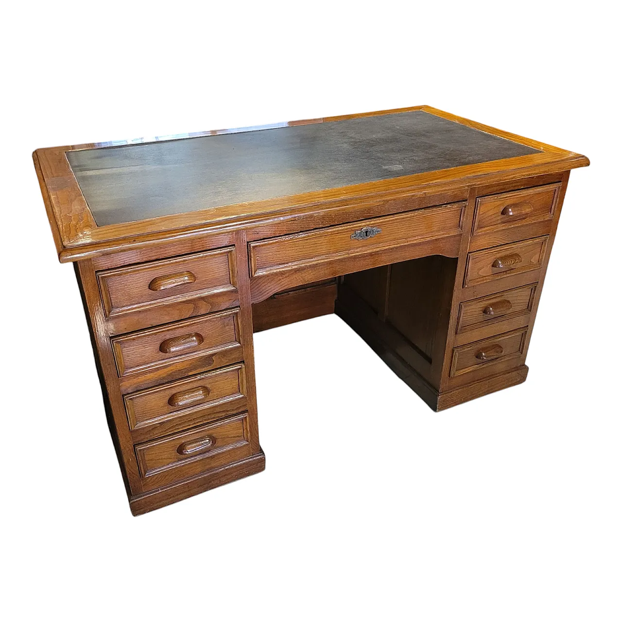 Scrivania in legno di rovere con piano in pelle nera, Italia 1