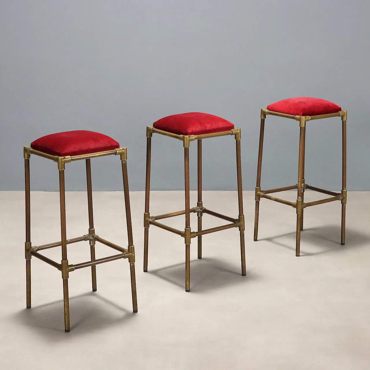 3 Stools, brass with foam and velvet seats, 20th century 1