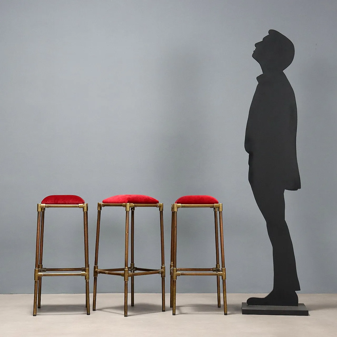 3 Stools, brass with foam and velvet seats, 20th century 2