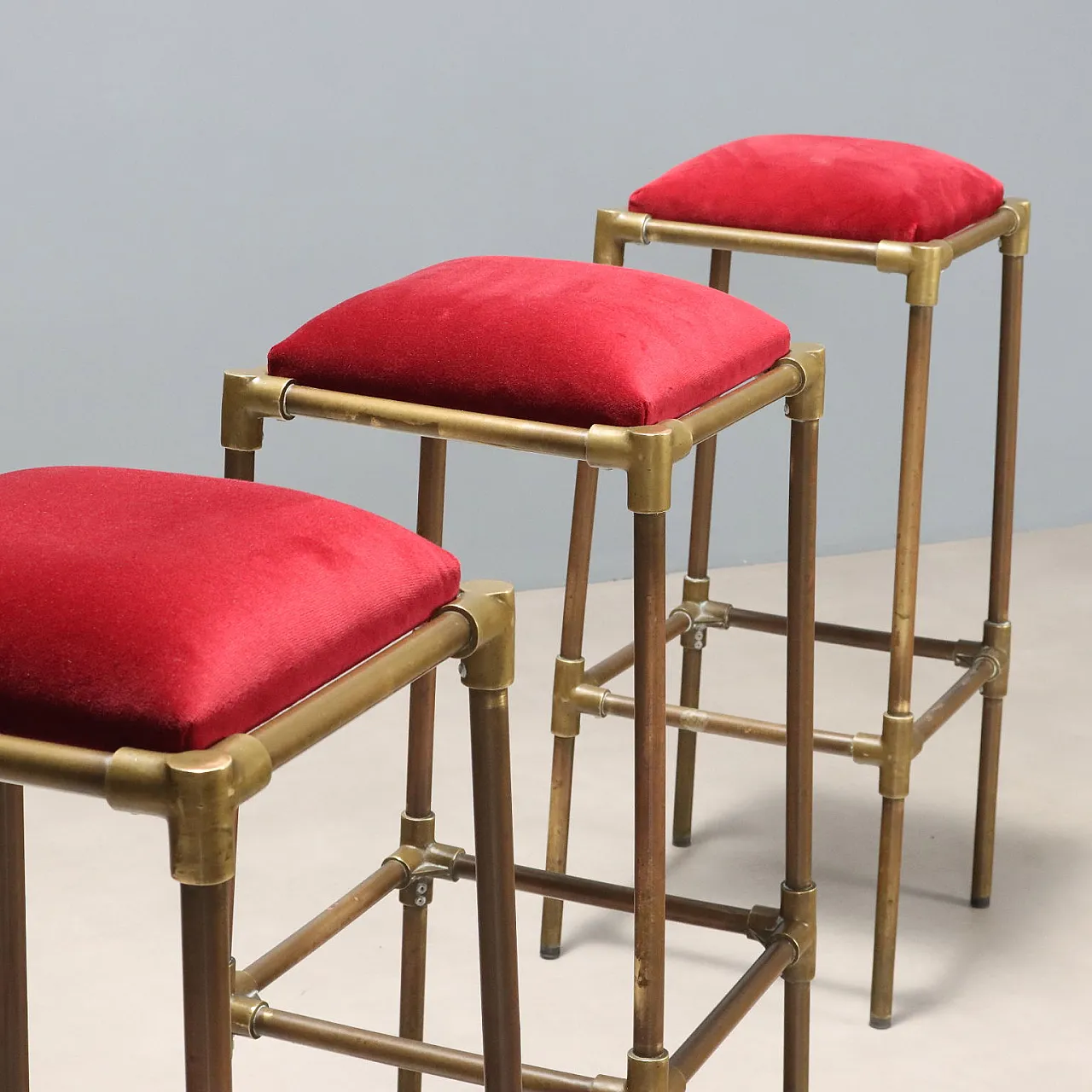 3 Stools, brass with foam and velvet seats, 20th century 3