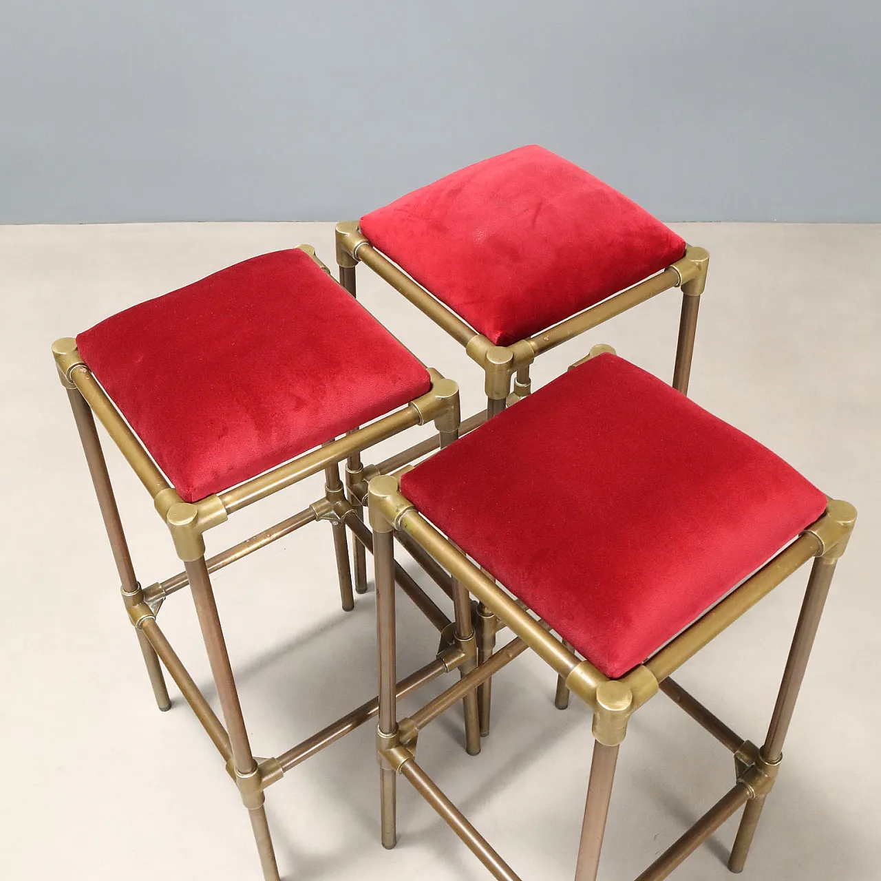 3 Stools, brass with foam and velvet seats, 20th century 4