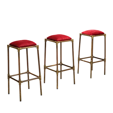 3 Stools, brass with foam and velvet seats, 20th century