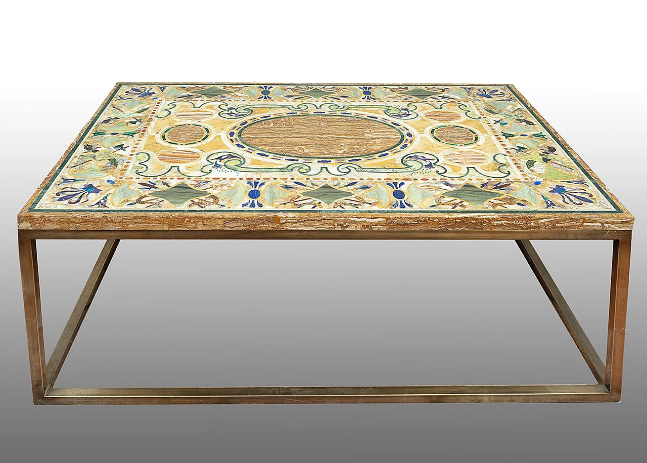 Brass coffee table with marble and semi-precious stone top, 20s 1
