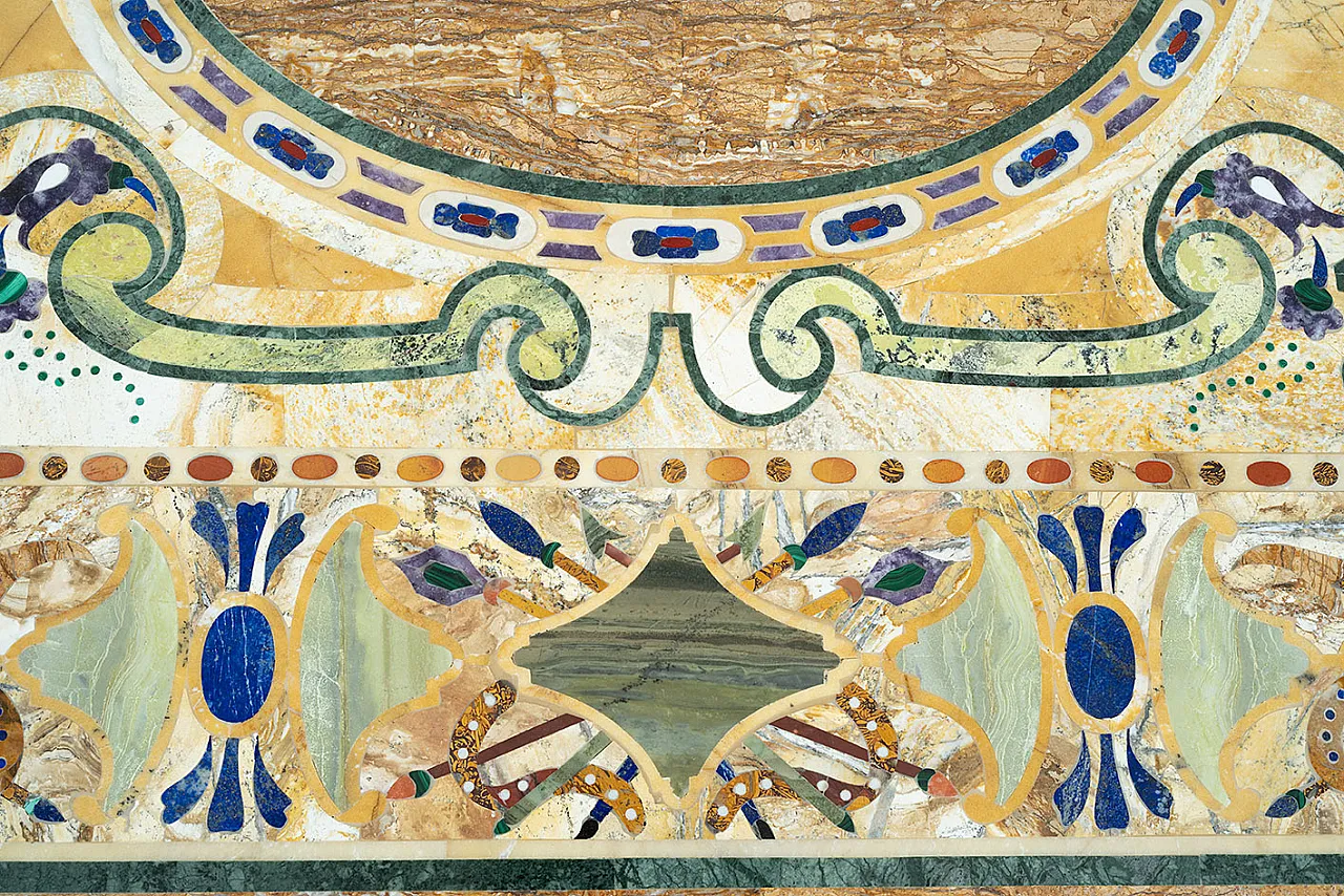 Brass coffee table with marble and semi-precious stone top, 20s 3