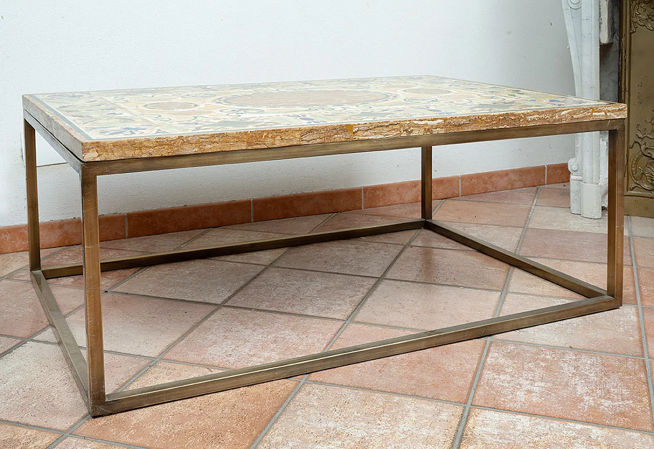 Brass coffee table with marble and semi-precious stone top, 20s 4