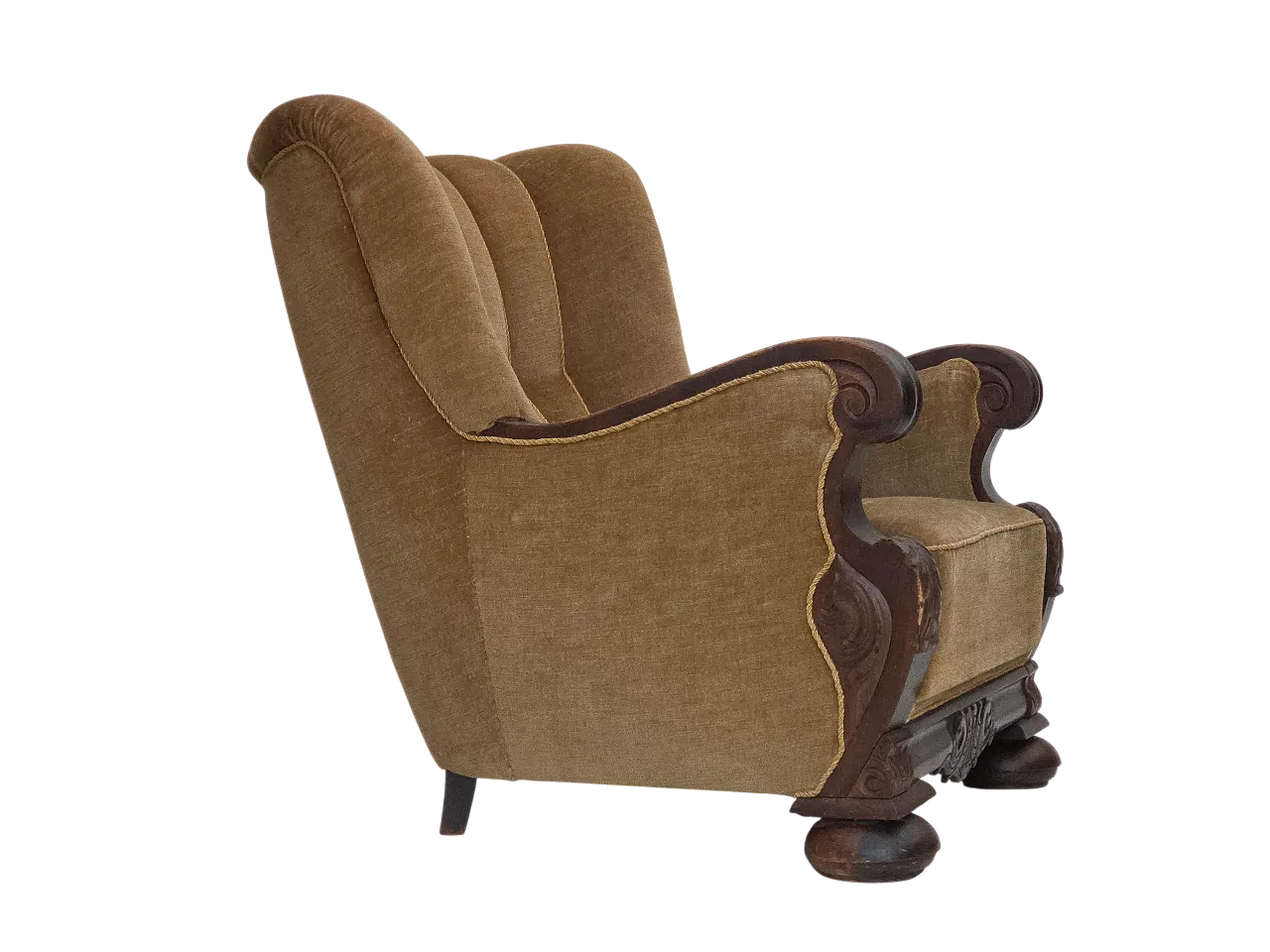 Danish relax chair, green velour, carved oak, 1960s 20