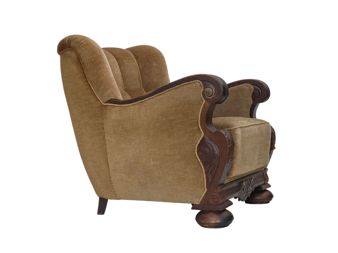 Danish armchair, green velour, carved oak wood, 1960s 18