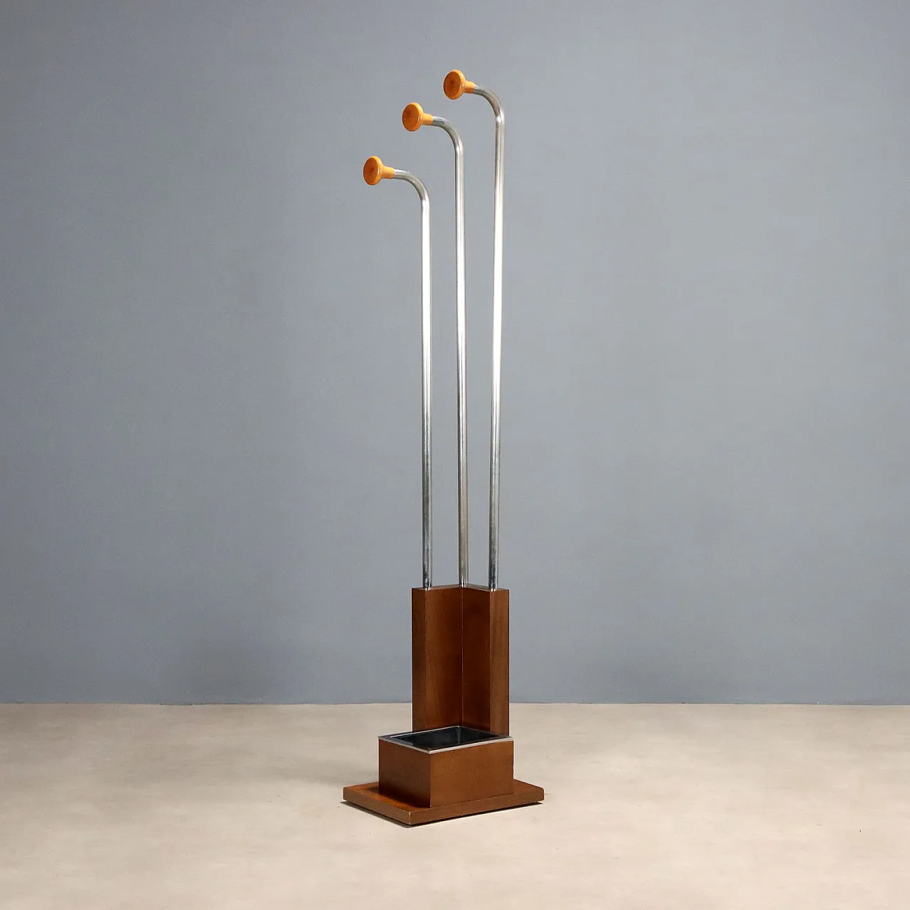 Coat rack with umbrella stand, walnut veneer and metal, 20th century 1