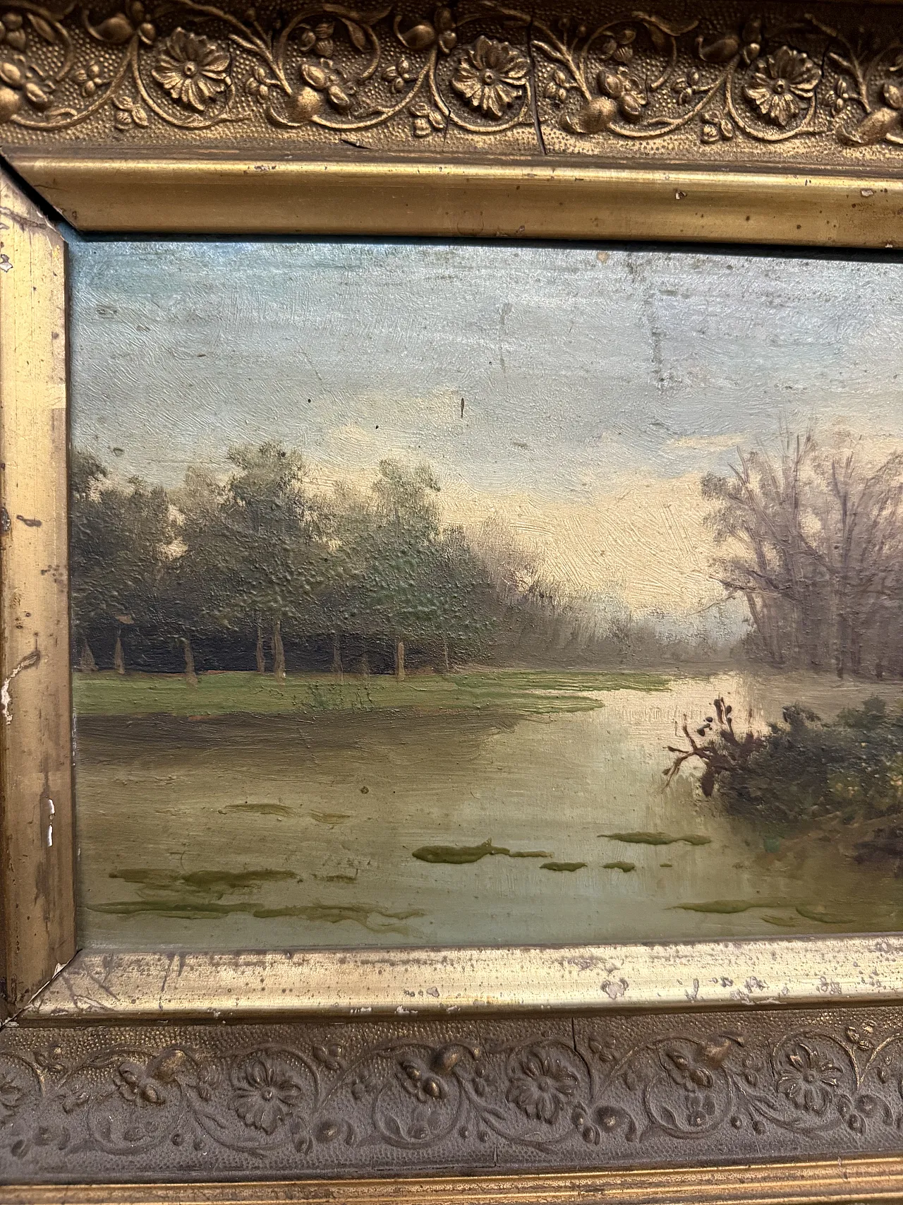 Landscape oil on panel, France with gilded frame, 1850 4