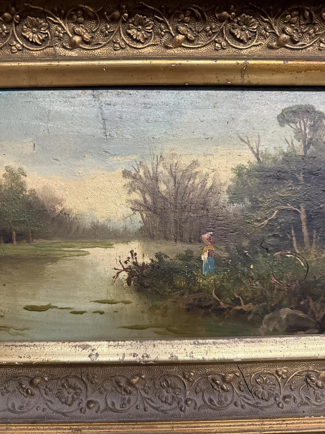 Landscape oil on panel, France with gilded frame, 1850 5