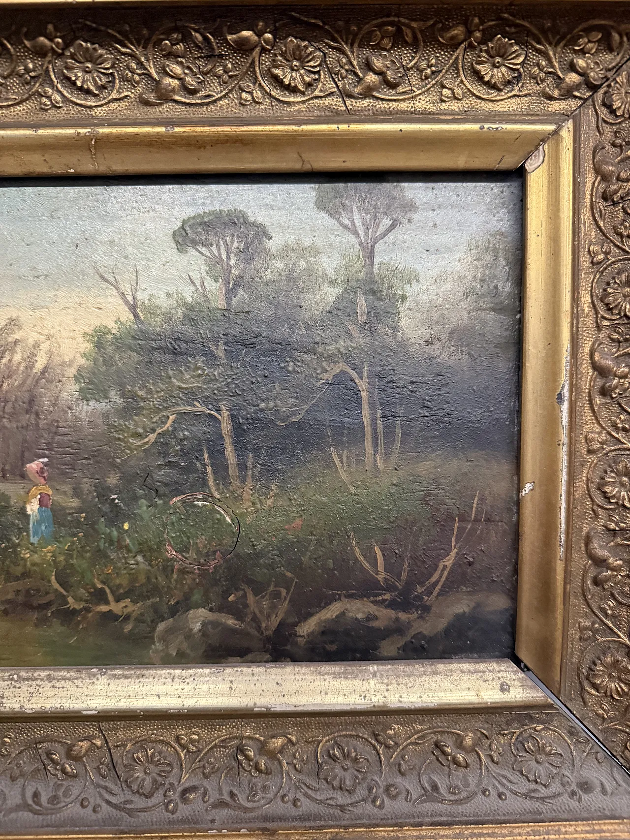 Landscape oil on panel, France with gilded frame, 1850 6