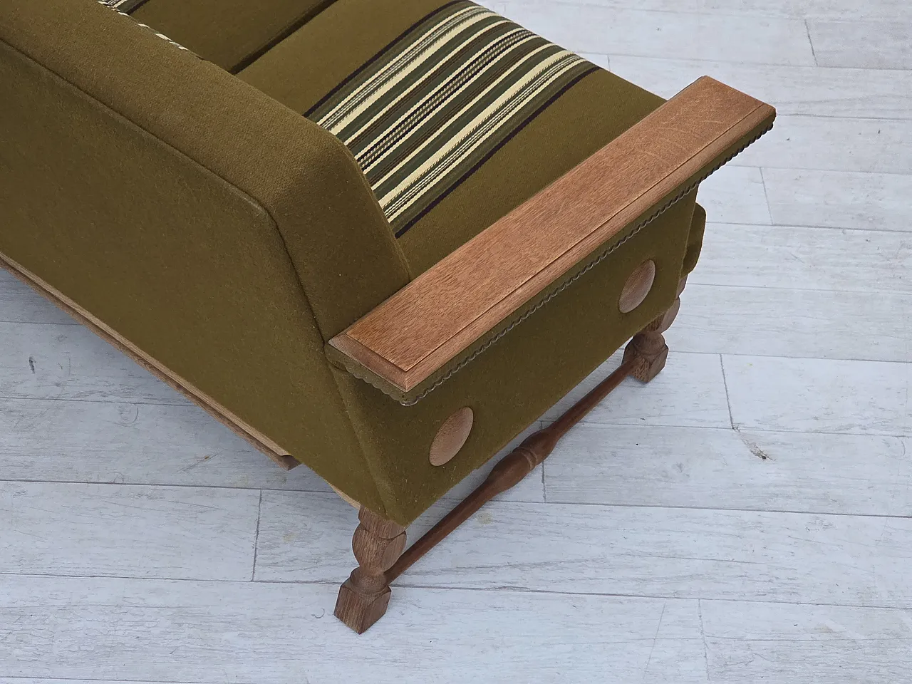 Divano danese a 3 posti in lana, legno di rovere massiccio, anni '70 15