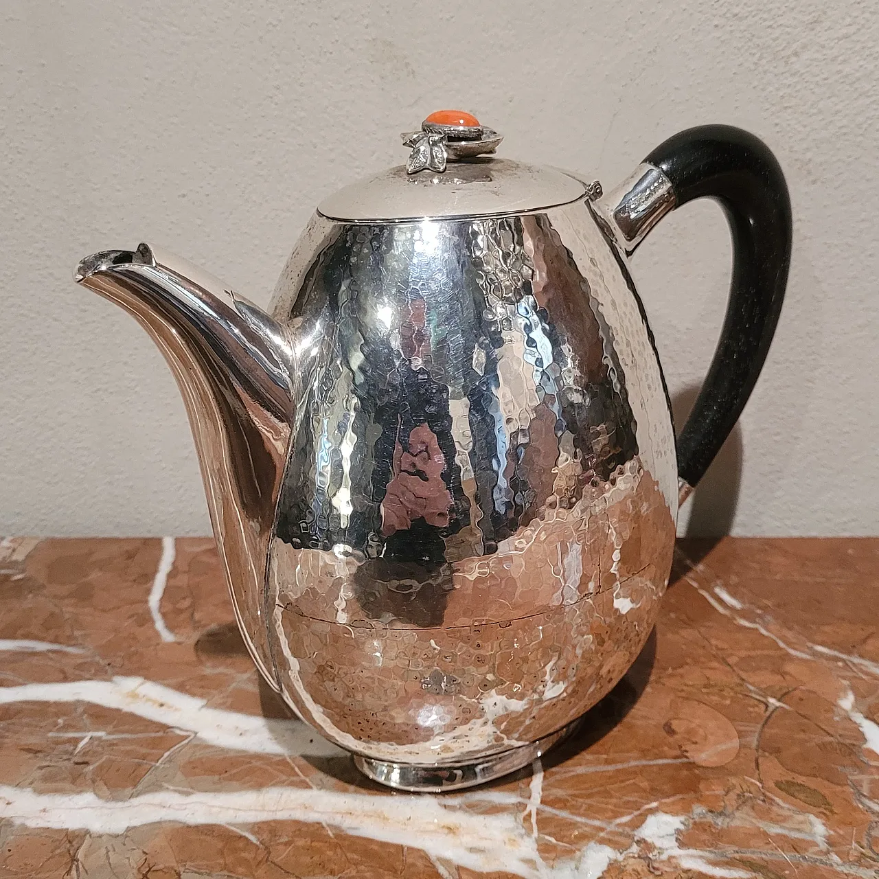 Caffettiera in argento 800, ebano, e corallo, Italia, anni '30 2