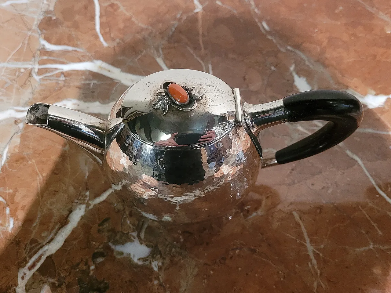 Caffettiera in argento 800, ebano, e corallo, Italia, anni '30 7