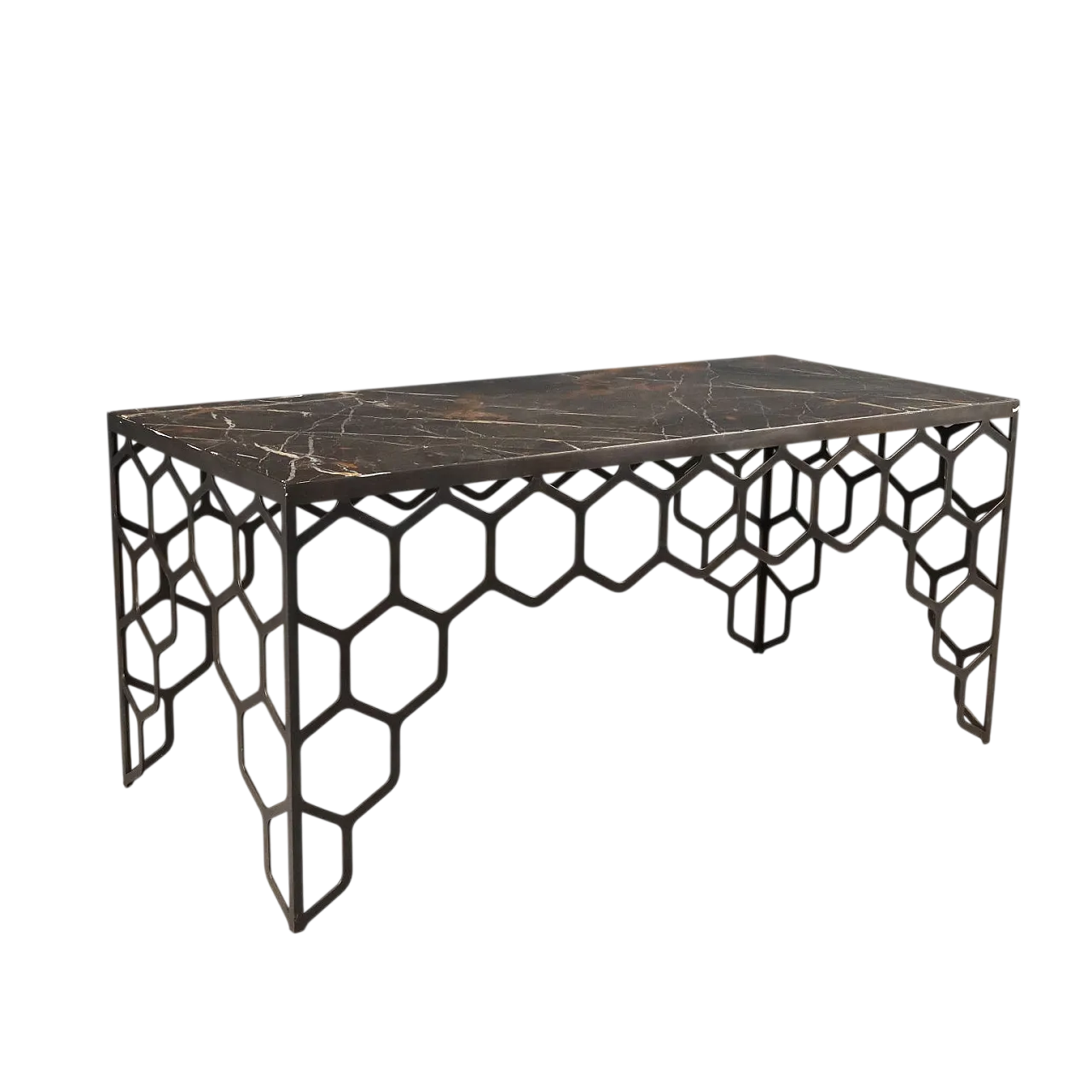 Tavolino in ottone con motivo a nido d'ape e piano in marmo, '900 8