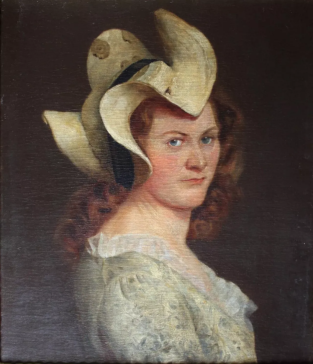 Mid-Century Modern portrait painting of young lady in hat,19th century 2