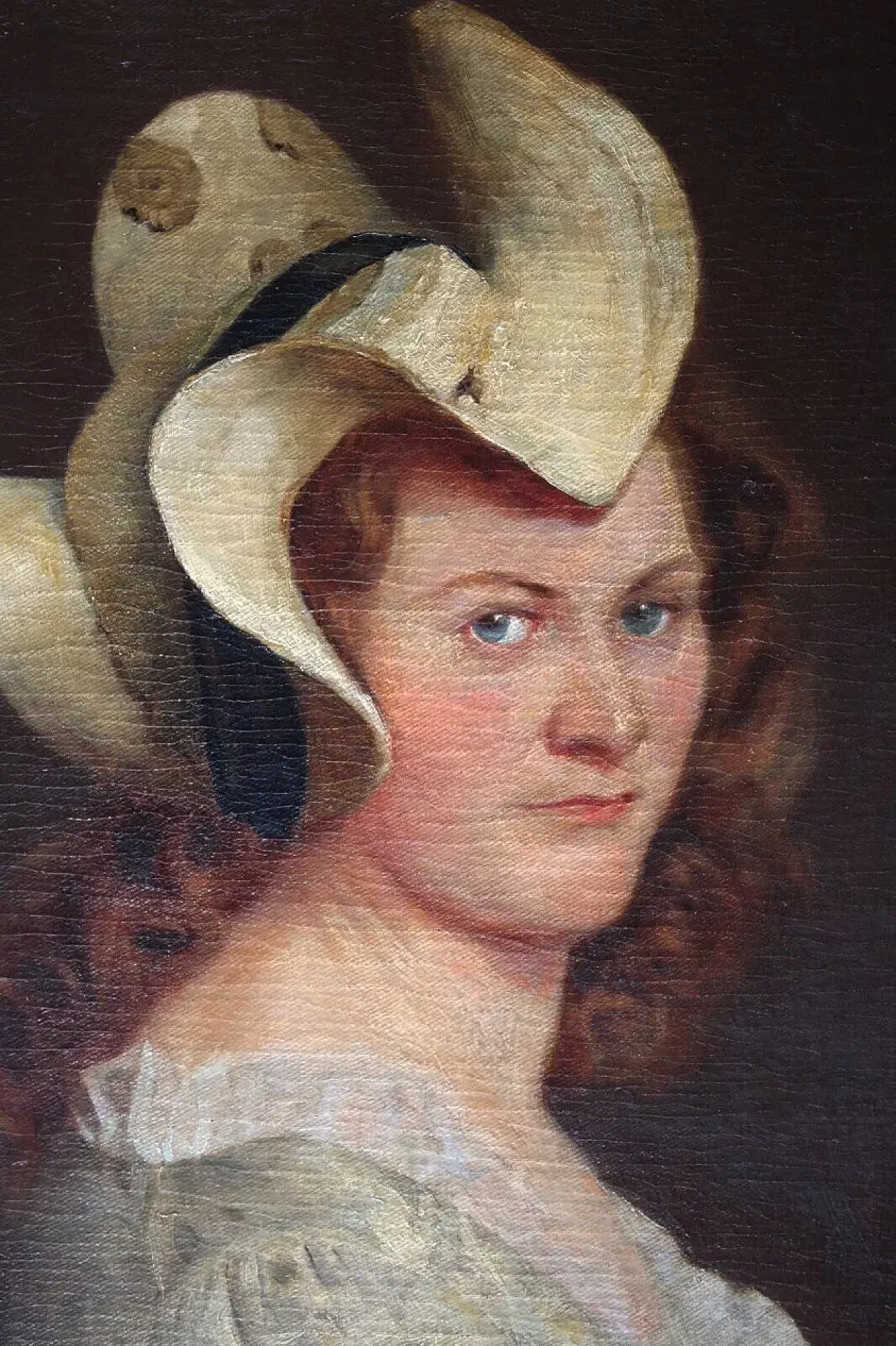 Mid-Century Modern portrait painting of young lady in hat,19th century 3
