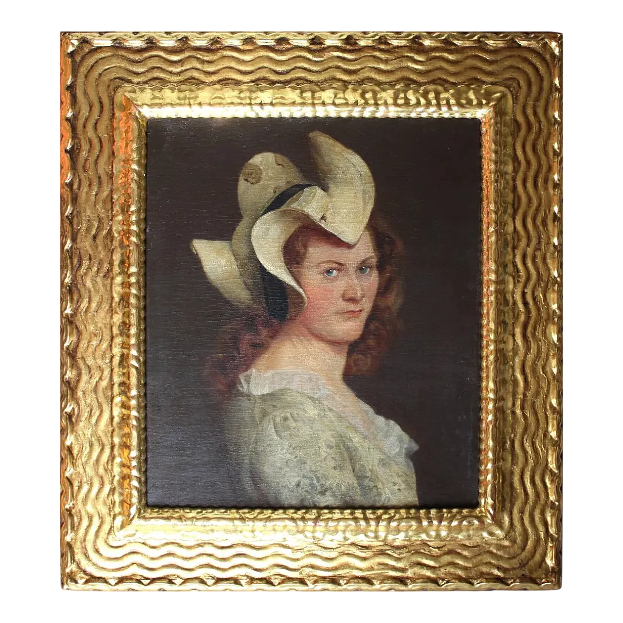 Mid-Century Modern portrait painting of young lady in hat,19th century 6