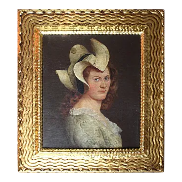 Mid-Century Modern portrait painting of young lady in hat,19th century