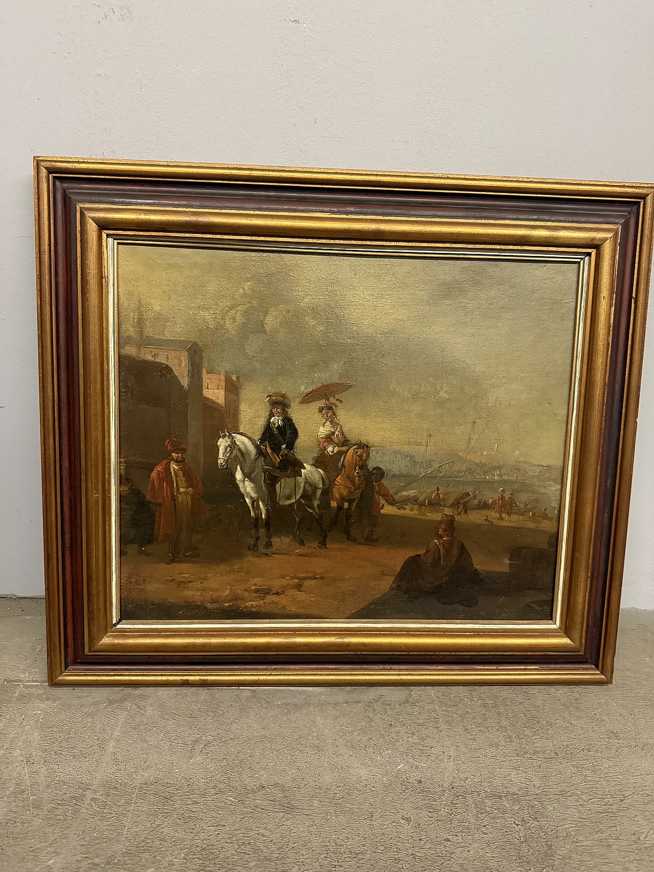 Dipinto olio su tela con cavaliere e dama, '700 2